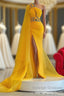 Long Mermaid One Shoulder Beading Tulle Prom Dresses with Slit