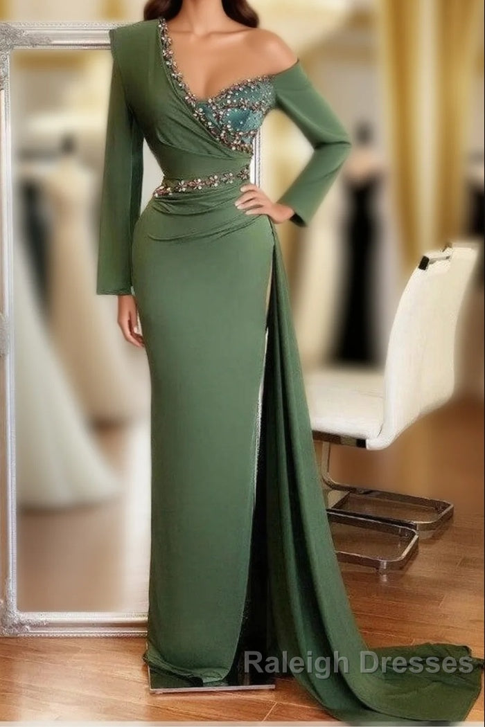 Long Mermaid One Shoulder Front Slit Prom Dresses With Sleeves Main image