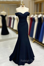 Long Mermaid Prom Dress Navy Blue Off-the-shoulder Sweetheart Sleeveless