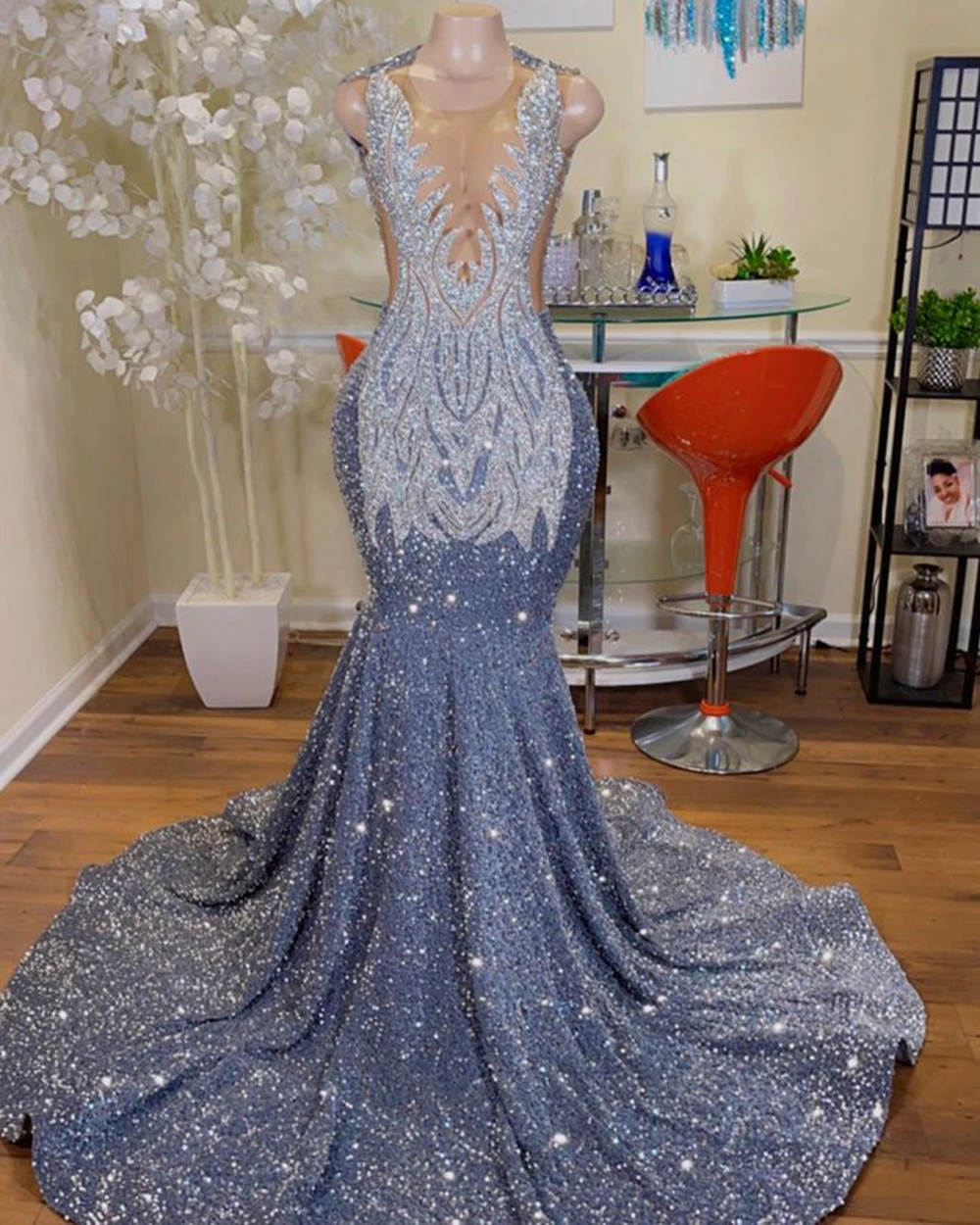 Long Mermaid Prom Dress Sparkly Diamond Sheer Scoop Neckline Silver Sequined Black Girl Prom Gown