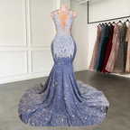 Long Mermaid Prom Dress Sparkly Diamond Sheer Scoop Neckline Silver Sequined Black Girl Prom Gown