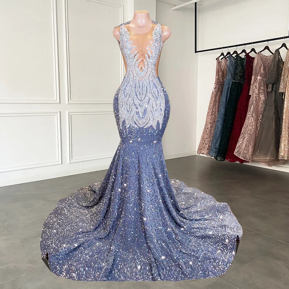 Long Mermaid Prom Dress Sparkly Diamond Sheer Scoop Neckline Silver Sequined Black Girl Prom Gown