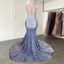 Long Mermaid Prom Dress Sparkly Diamond Sheer Scoop Neckline Silver Sequined Black Girl Prom Gown