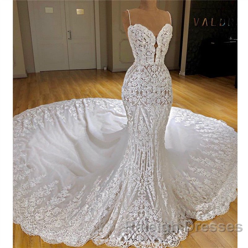 Long Mermaid Spaghetti Straps Appliques Lace Wedding Dress With Cathedral Train Secondary image