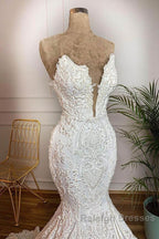 Long Mermaid Strapless Appliques Lace Satin Wedding Dress