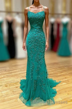 Long Mermaid Strapless Tulle Open Back Lace Formal Prom Dresses