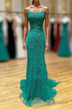 Long Mermaid Strapless Tulle Open Back Lace Prom Dress