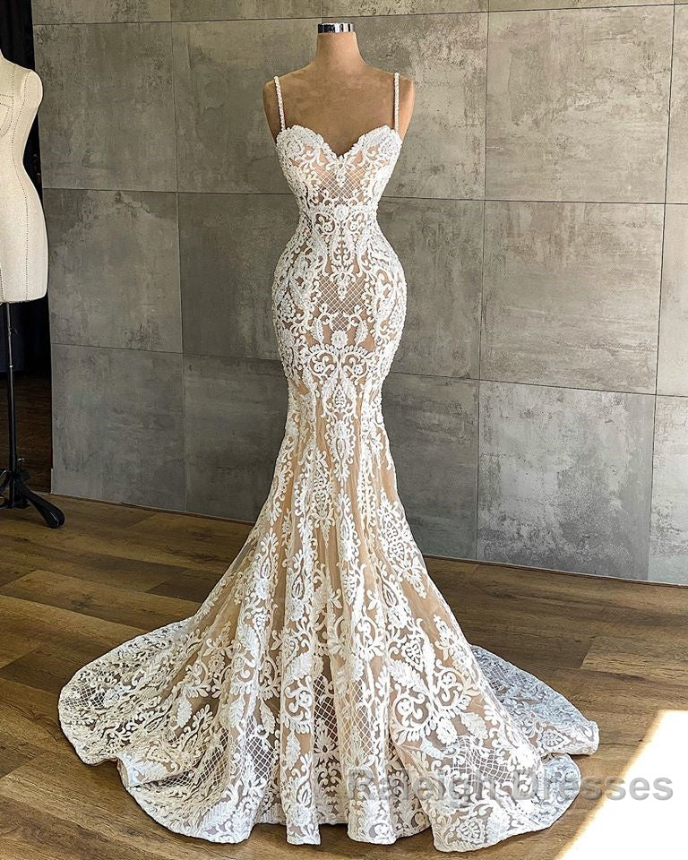 Long Mermaid Sweetheart Spaghetti Straps Appliques Lace Wedding Dresses Secondary image