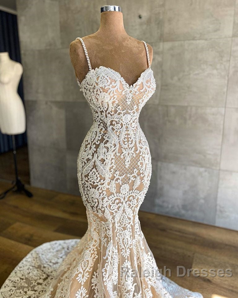 Long Mermaid Sweetheart Spaghetti Straps Appliques Lace Wedding Dresses