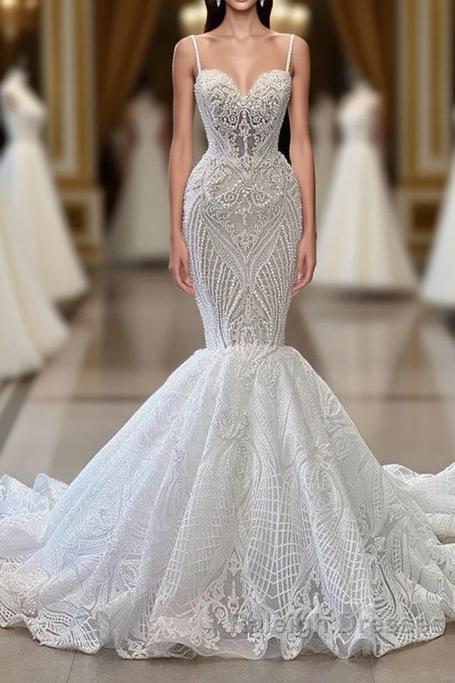Long Mermaid Sweetheart Spaghetti Straps Tulle Beading Wedding Dresses with Ruffles