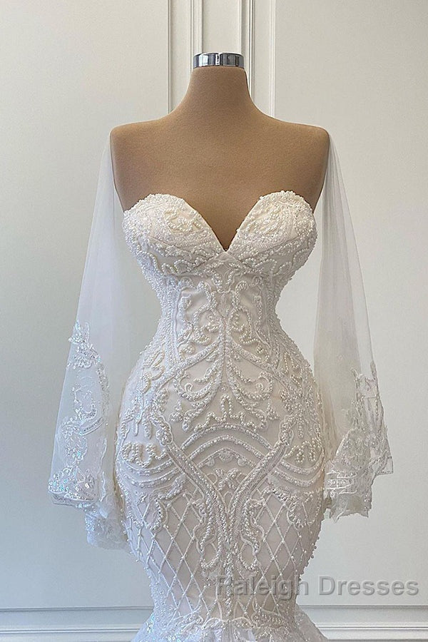 Long Mermaid Sweetheart Strapless Pearls Beadings Lace Wedding Dress with Sleeves Secondary image