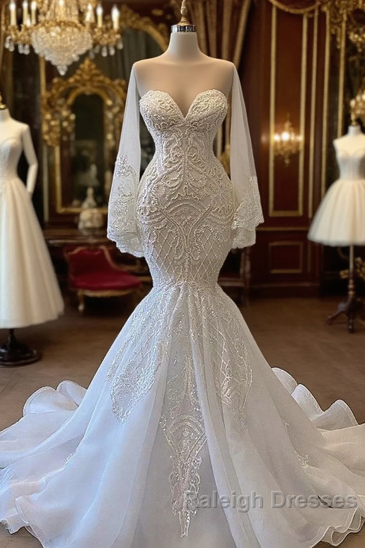 Long Mermaid Sweetheart Strapless Pearls Beadings Lace Wedding Dress with Sleeves Main image