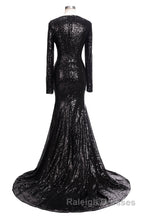 Long Mermaid V Neck Black Sequins Prom Dress with Sleeves