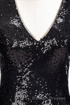 Long Mermaid V Neck Black Sequins Prom Dress with Sleeves