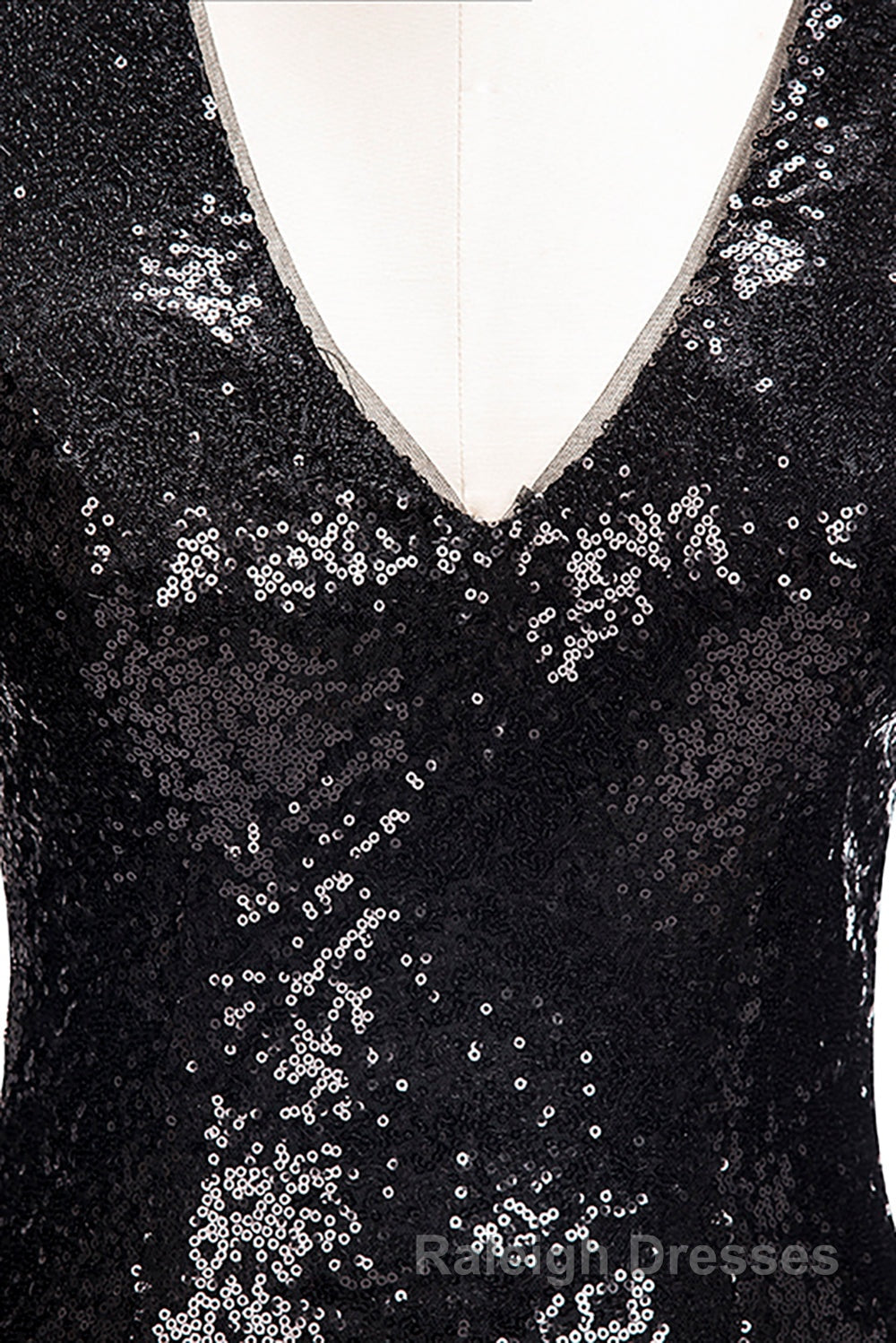 Long Mermaid V Neck Black Sequins Prom Dress with Sleeves