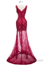 Long Mermaid V Neck Lace Appliques Prom Dress with Slit