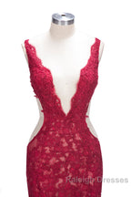 Long Mermaid V-neck Lace Appliques Prom Dresses with Slit