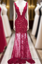 Long Mermaid V-neck Lace Appliques Prom Dresses with Slit