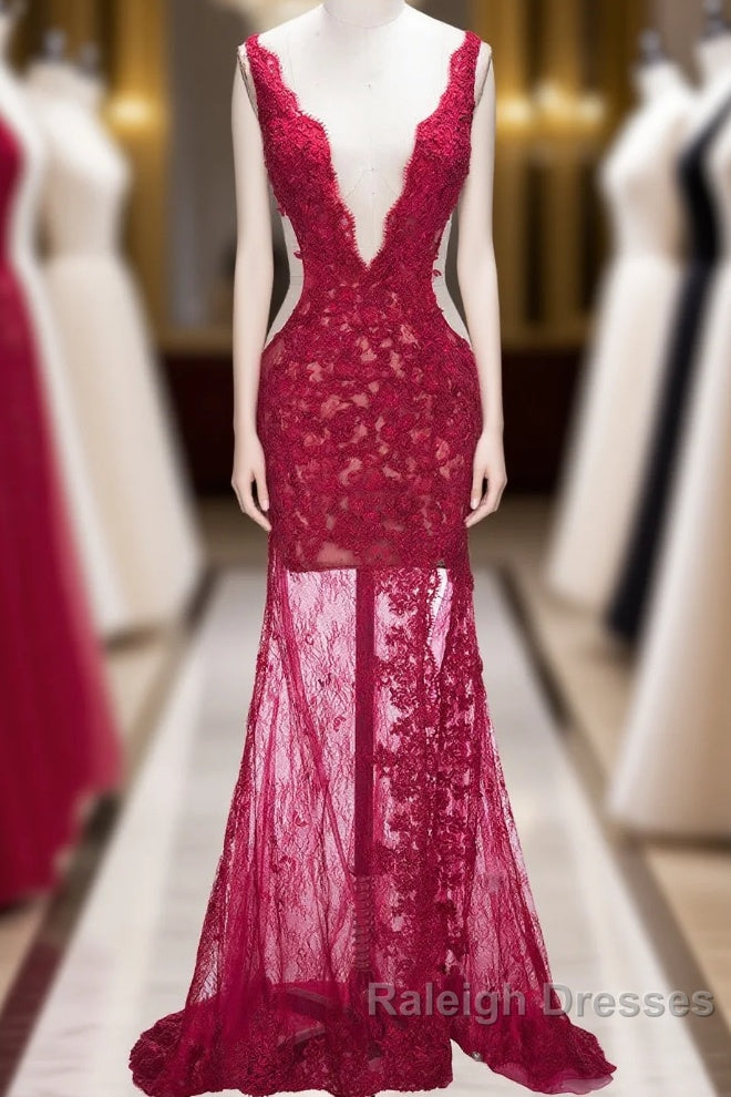 Long Mermaid V-neck Lace Appliques Prom Dresses with Slit