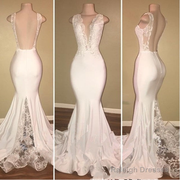 Long Mermaid V-Neck Lace White Prom Dresses Main image