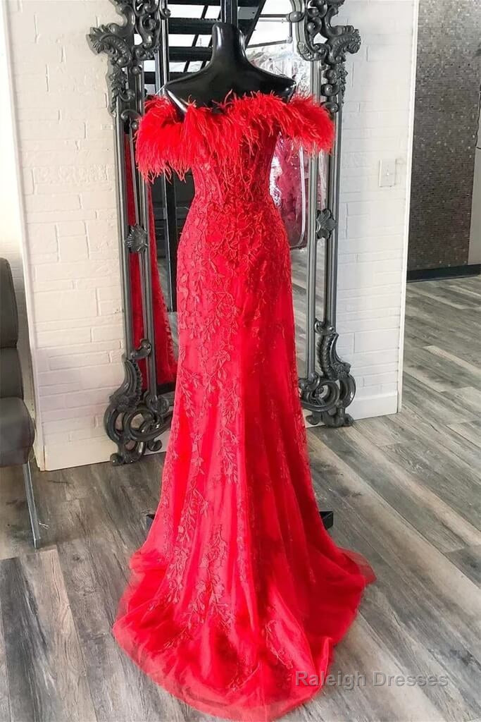 Long Off Shoulder Red Lace Prom Dresses Feathers V Neck Mermaid Evening Dress Secondary image