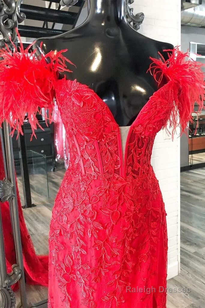 Long Off Shoulder Red Lace Prom Dress Feathers V Neck Mermaid Prom Dresses