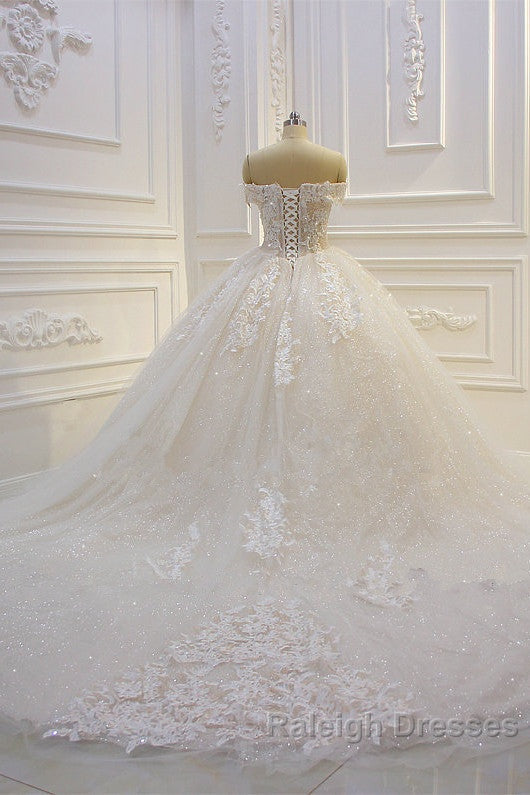 Long Off the Shoulder Sweetheart Ball Gown Sequin Appliques Lace Wedding Dresses
