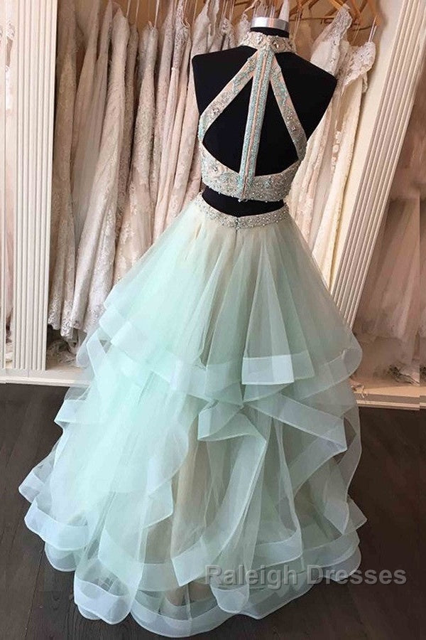 Long Open Back Mint Two Piece High Neck Organza Prom Dress Secondary image