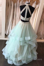 Long Open Back Mint Two Piece High Neck Organza Prom Dress