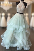 Long Open Back Mint Two Piece High Neck Organza Prom Dress