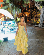Vintage Pastel Yellow Ruffle Tiered A-Line Long Prom Dresses Prom Dresses