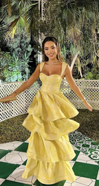 Vintage Pastel Yellow Ruffle Tiered A-Line Long Prom Dresses Prom Dresses