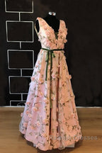 Long Pink 3D Flowers V-Neck Dress