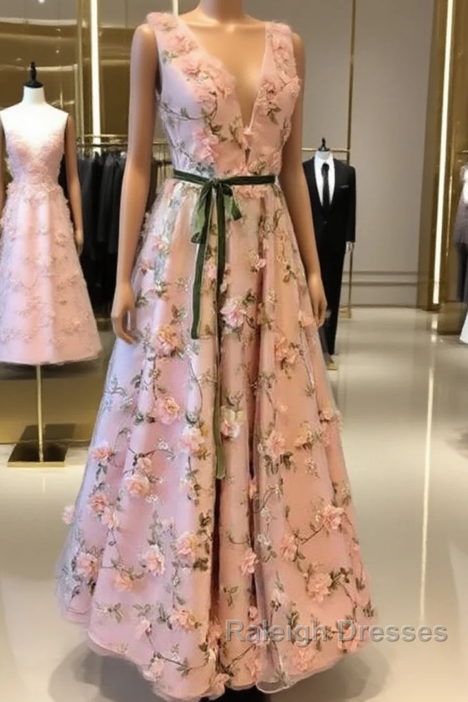 Long Pink 3D Flowers V-Neck Dress Main image