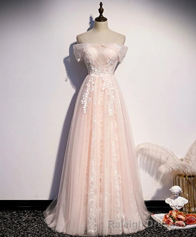 Long Pink Off Shoulder A-line Prom Dress with Lace, Sweetheart Evening Dress Main image