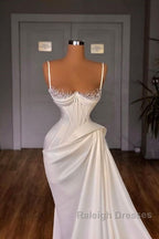 Long Pleated Satin Prom Dress White Mermaid Prom Dresses