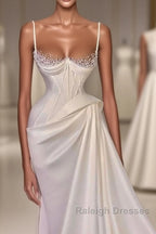 Long Pleated Satin Evening Dresses White Mermaid Prom Dress