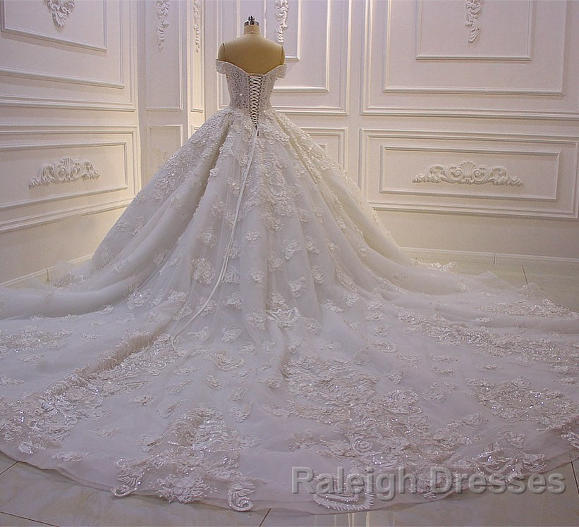 Long Princess Sweetheart Off-the-Shoulder Backless Appliques Lace Ruffles Tulle Wedding Dresses Secondary image