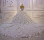 Long Princess Sweetheart Off-the-Shoulder Backless Appliques Lace Ruffles Tulle Wedding Dress