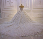 Long Princess Sweetheart Off-the-Shoulder Backless Appliques Lace Ruffles Tulle Wedding Dresses