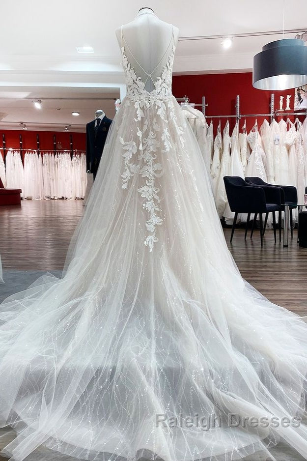 Long Princess Tulle V Neck Sequins Lace Appliques Wedding Dresses Secondary image