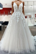 Long Princess Tulle V Neck Sequins Lace Appliques Wedding Dress