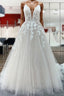 Long Princess Tulle V Neck Sequins Lace Appliques Wedding Dresses