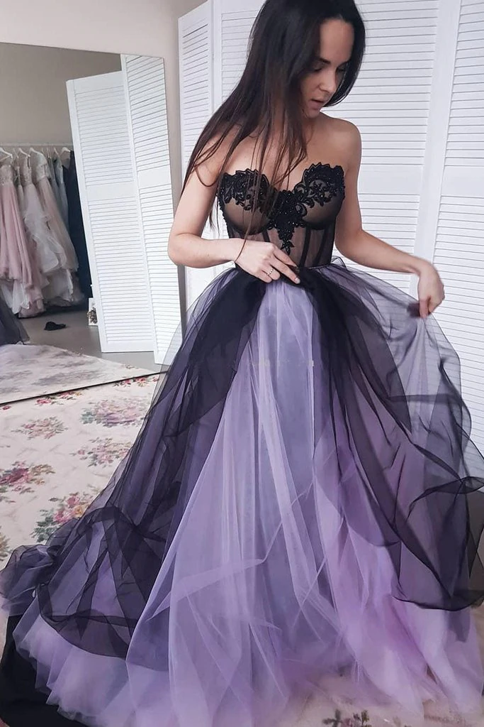Green/Purple Elegant Lace Tulle A-Line Long Tulle Formal Prom Dress Evening Gown Sexy Backless Wedding Dress Main image