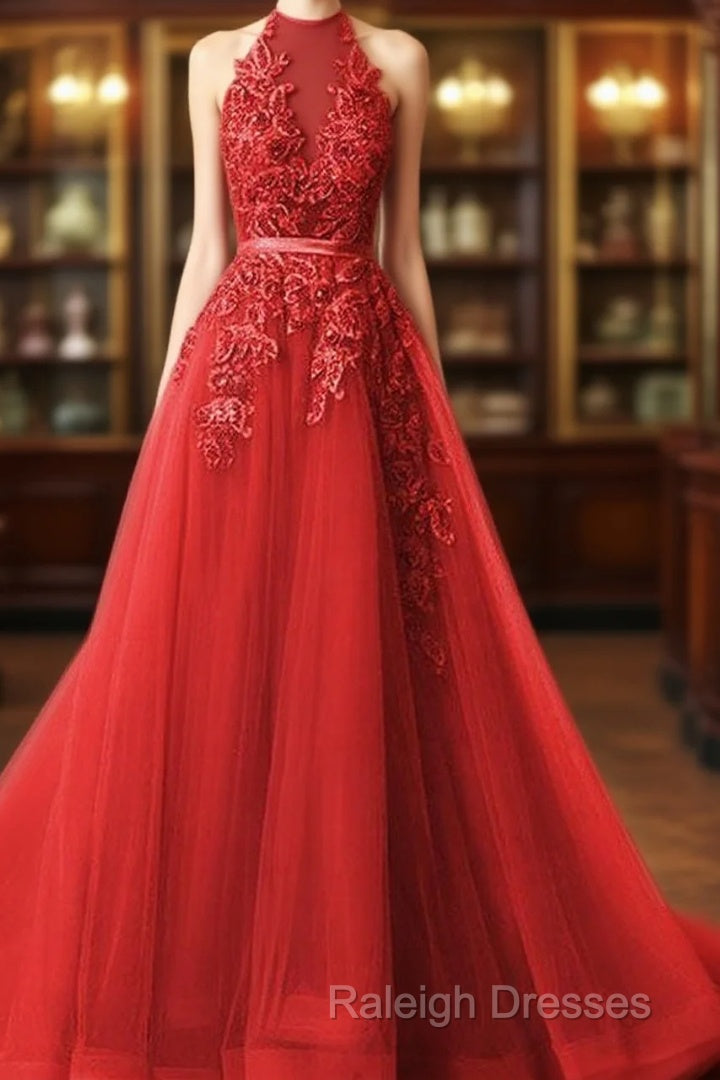 Long Prom Dress Halter Brush Train Simple Lace Prom Dress Main image