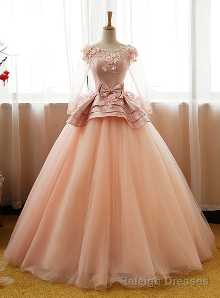 Long Prom Dress Party Gown 3D Floral Flower Long Sleeves Puffy Tulle Main image