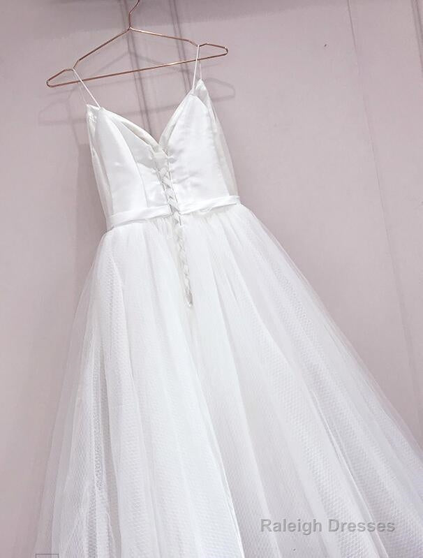 Long Prom Dress Simple White Tulle With Satin V-Neckline Tea Length Wedding Dress, Simple White Party Dress Secondary image