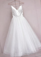 Long Prom Dress Simple White Tulle With Satin V-Neckline Tea Length Wedding Dress, Simple White Party Dress