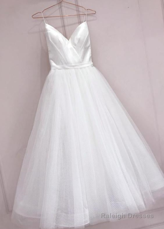 Long Prom Dress Simple White Tulle With Satin V-Neckline Tea Length Wedding Dress, Simple White Party Dress