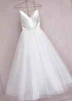 Prom Dresses Long Simple White Tulle With Satin V-Neckline Tea Length Wedding Dresses Simple White Prom Dresses